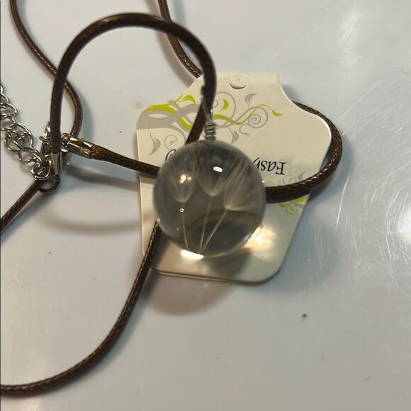 Brown Leather Necklace with Clear Sphere Pendant - Picture 2 of 2